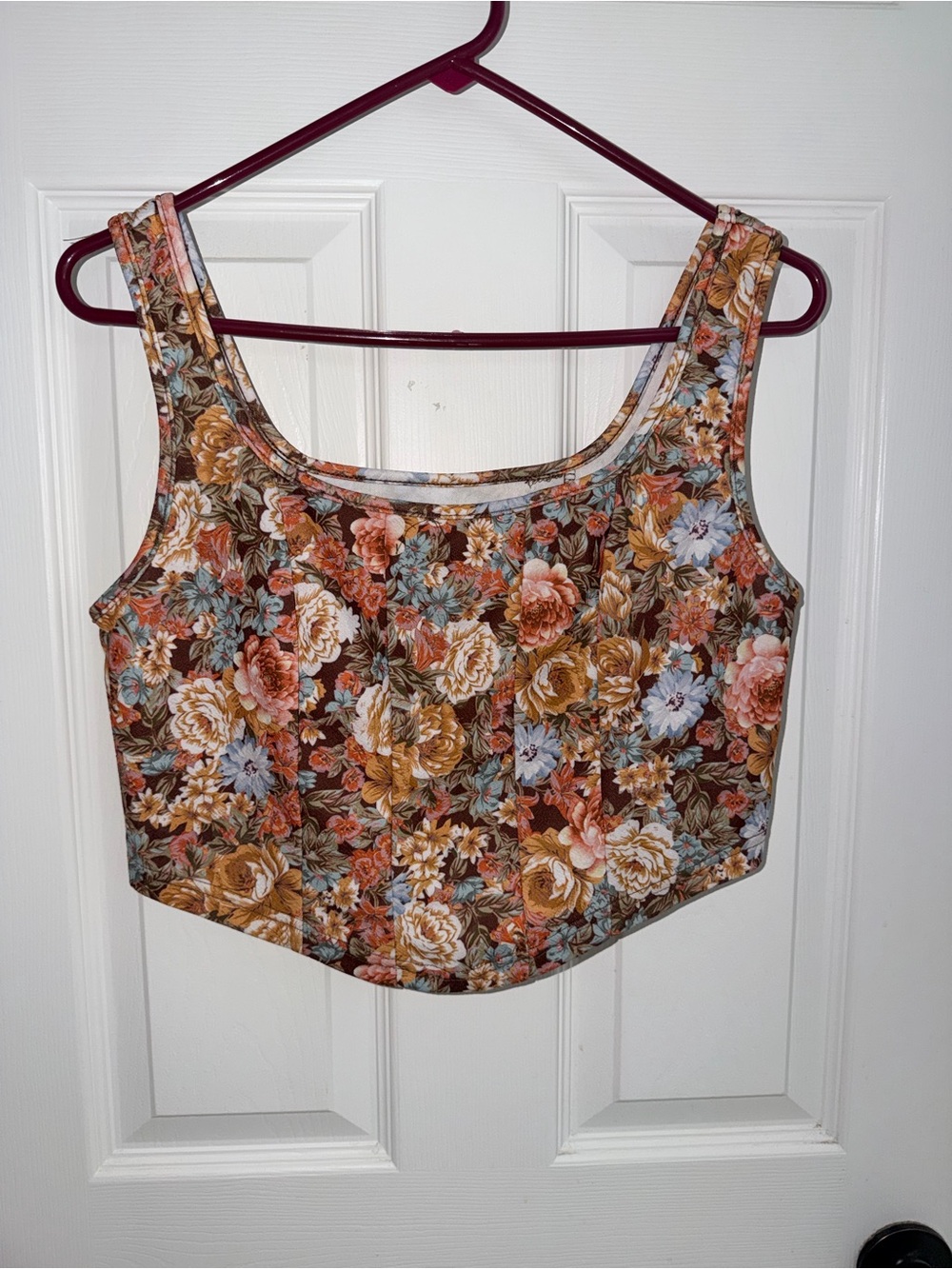 SHEIN Brown Multi Floral Scoop Neck Crop Top